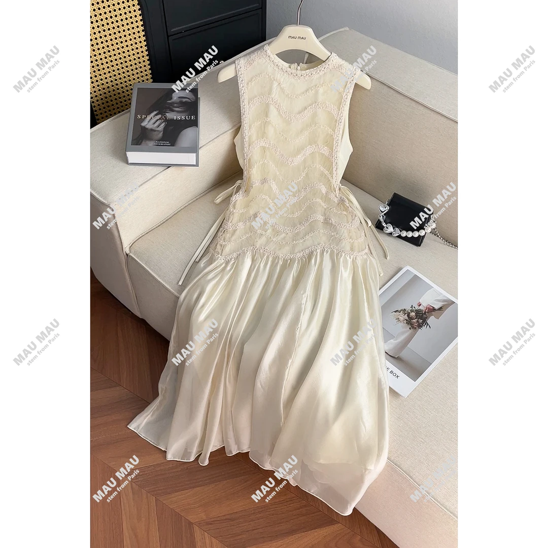 现货25夏季新款度假风仙女蕾丝系带无袖长款连衣裙女DY6781