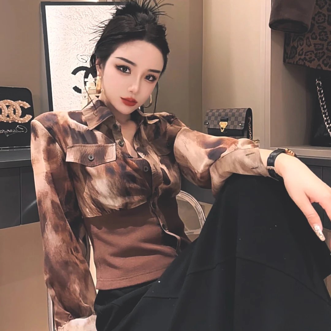 印花拼接设计感衬衫收腰显瘦雪纺泡泡袖上衣春夏女装5223