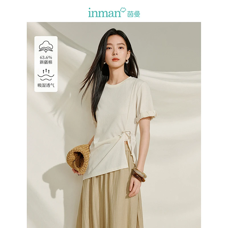 【欧若智性风】茵曼夏季简约扭结不规则T恤设计感盘扣圆领短袖上衣