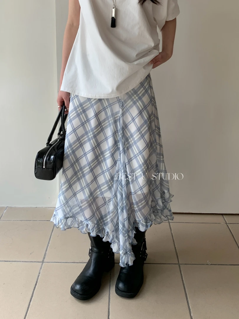 BEST- U（61923#新）法式不规则气质格纹半身裙（S码：裙长76 腰围68）