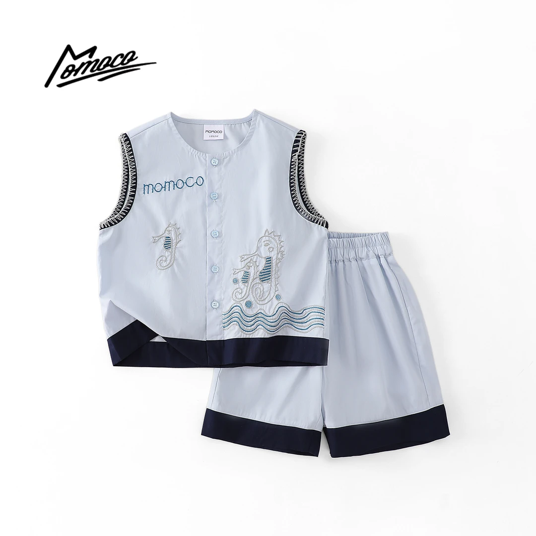 MOMOCO夏季男童刺绣字母套装卡通小海马无袖两件套77230578788
