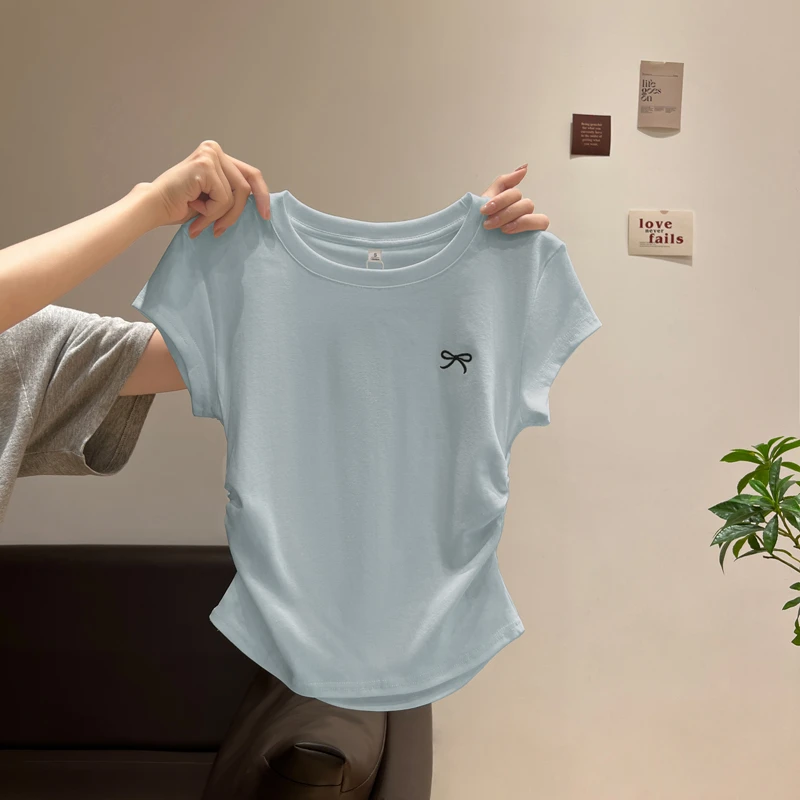 2025夏季正肩短袖T恤女胖mm不规则甜辣收腰显瘦小个子圆领短上衣