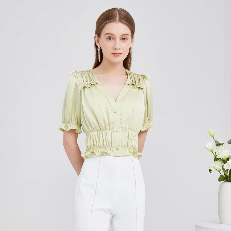 【诗语专属】恩曼琳春夏V领抽褶花边下摆短款修身衬衫上衣女EANCBI0