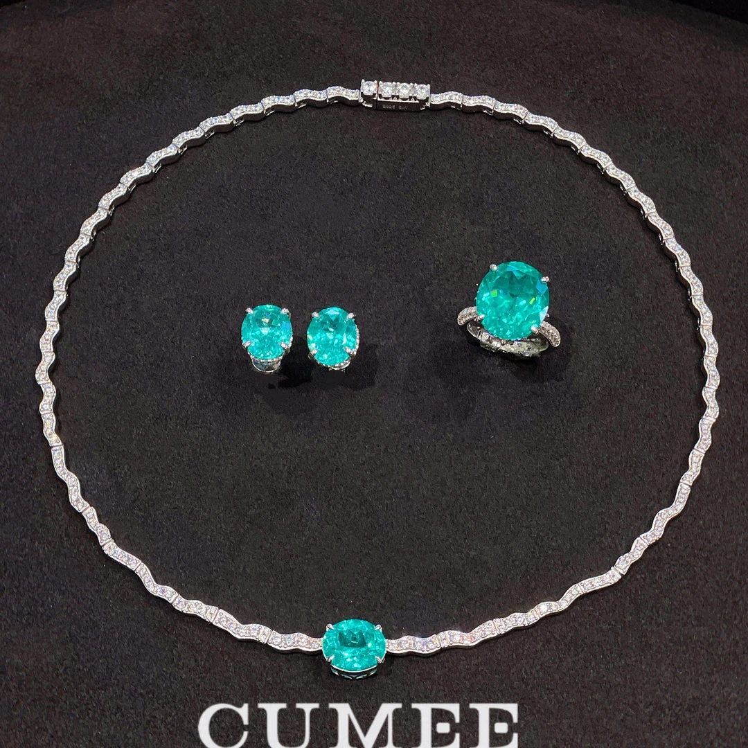 吊坠925银 时尚通勤风 夏日百搭款合成帕拉伊巴色项链耳钉戒指