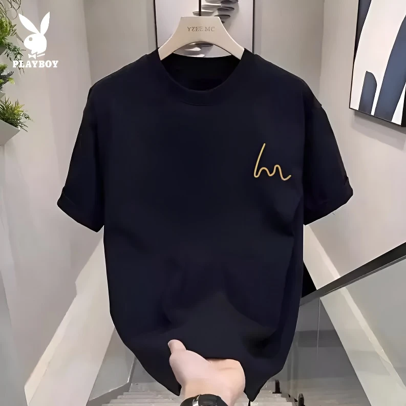 花花公子7A抗菌透气冰丝短袖T恤男装2025夏季男休闲宽松圆领半袖t