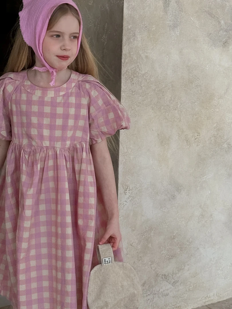 粉色格子连衣裙2025夏季新款韩版女童泡泡袖公主裙女孩短袖裙子