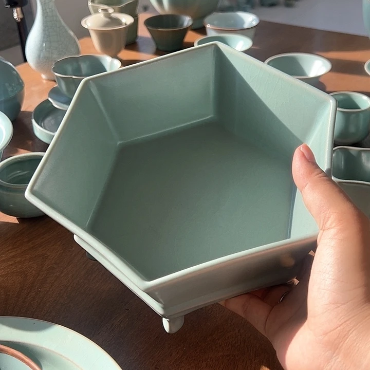 杯汝窑仿古釉六方六足盆