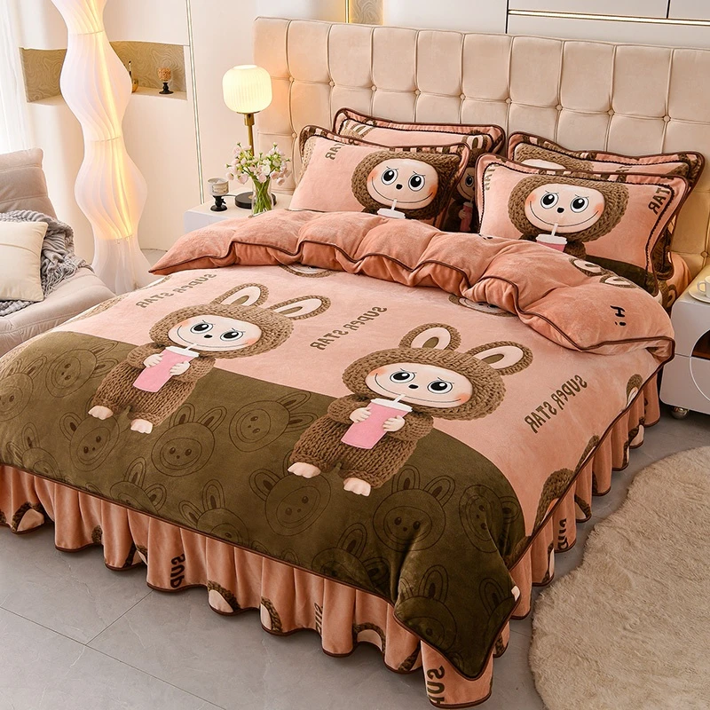 2025新款加厚牛奶绒四件套床裙款高克重印花防静电双面绒床上用品