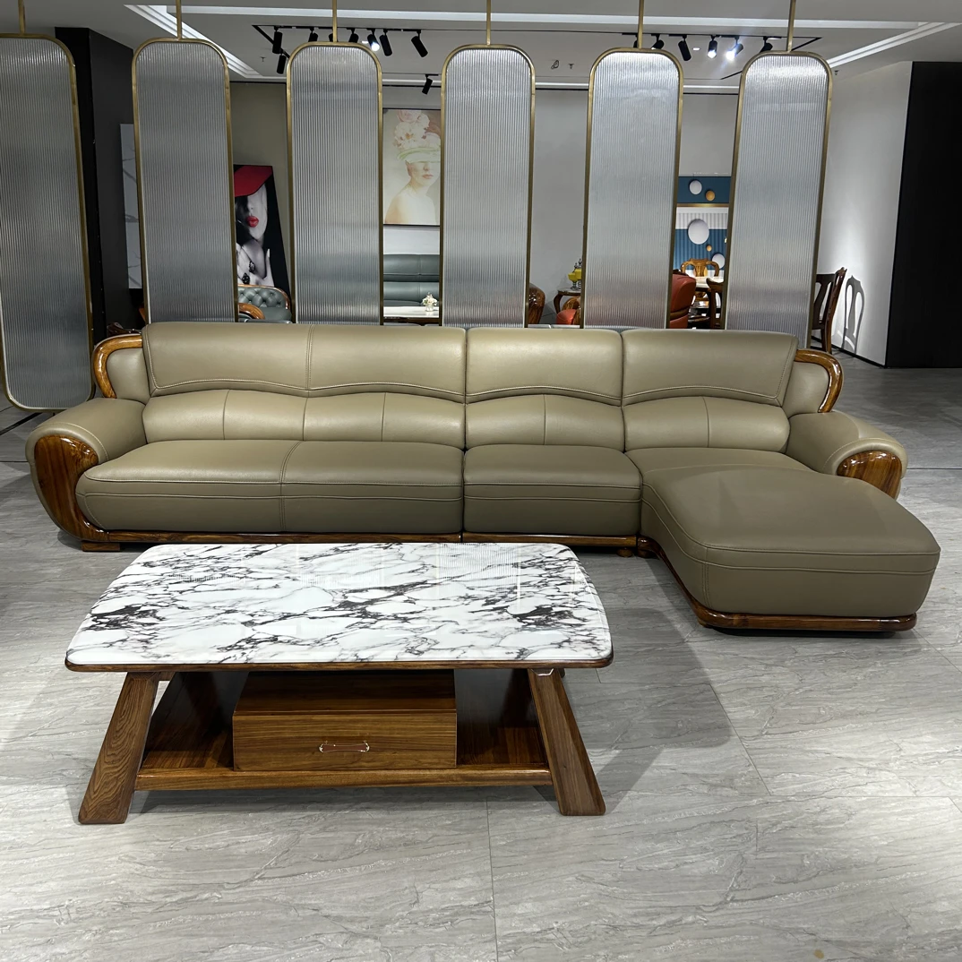 新款乌金木头层黄牛皮贵妃家用转角中小户型圣得宝帝乌金木家具