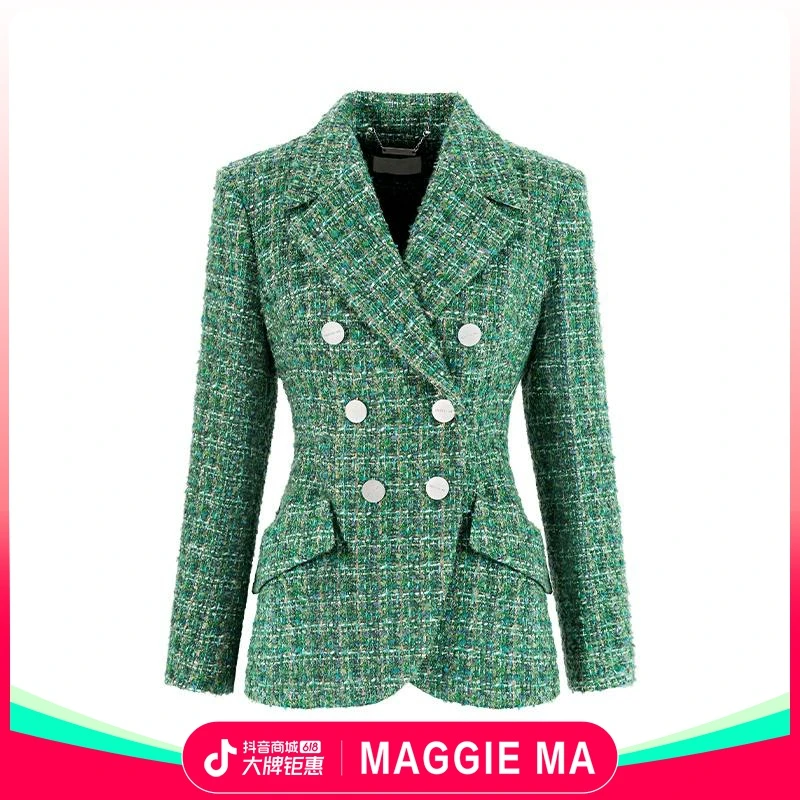 MAGGIE MA 马婧设计师款高雅复古经典绿格纹小香风修身外套636C