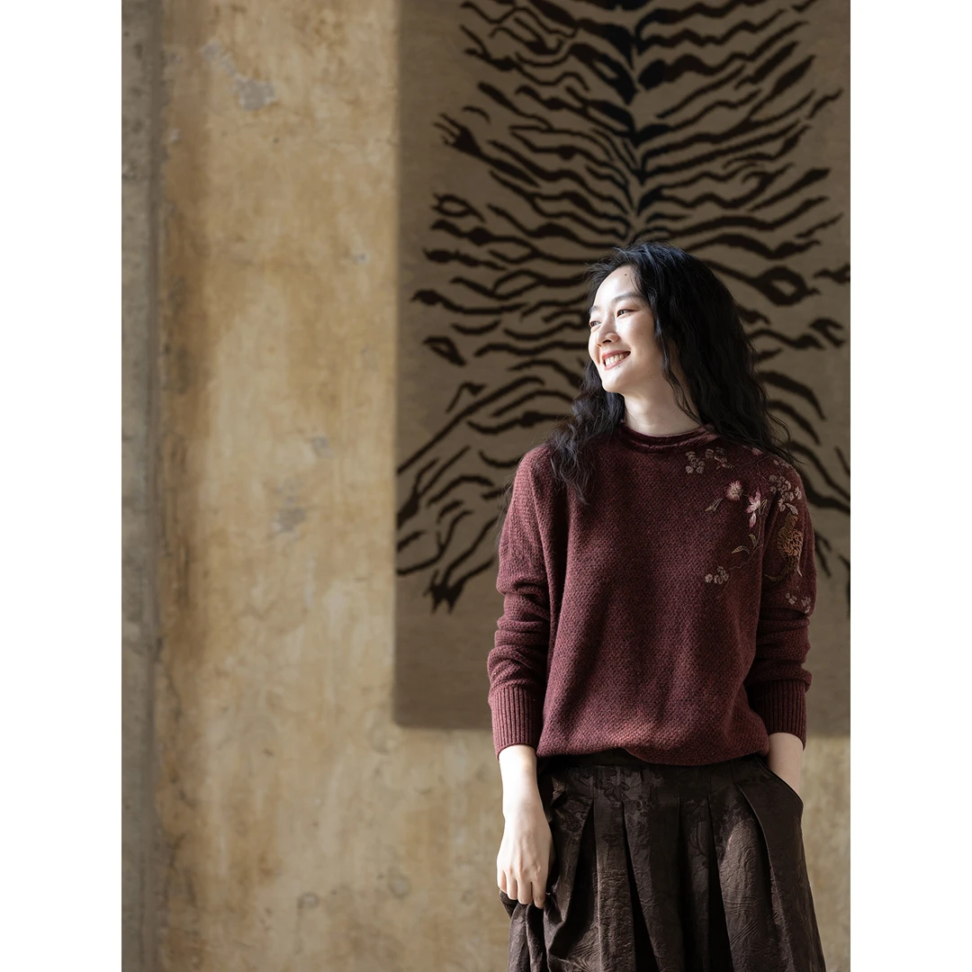 牧衣游原创 进口牦牛绒毛织混纺毛织套头衫手工刺绣软糯亲肤 小阁