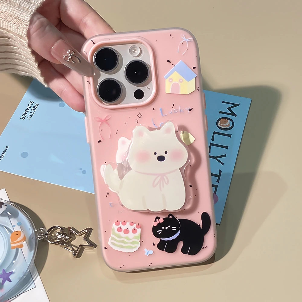 卡通小狗支架蛋糕猫咪适用iPhone15/16pro手机壳14ProMax女苹果13
