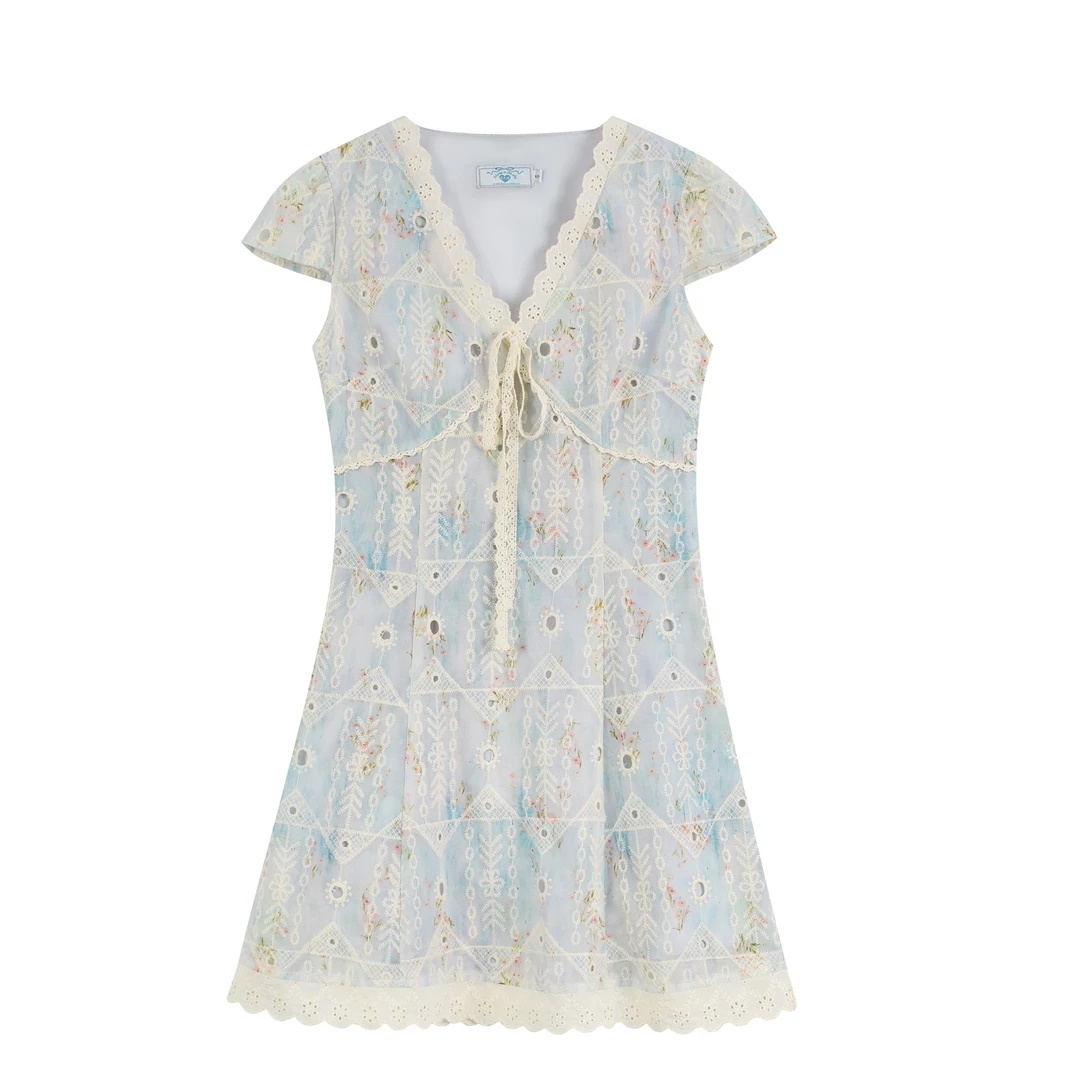 高法式V领夏季法式小香风连衣裙印花碎花优雅泰式E2535-