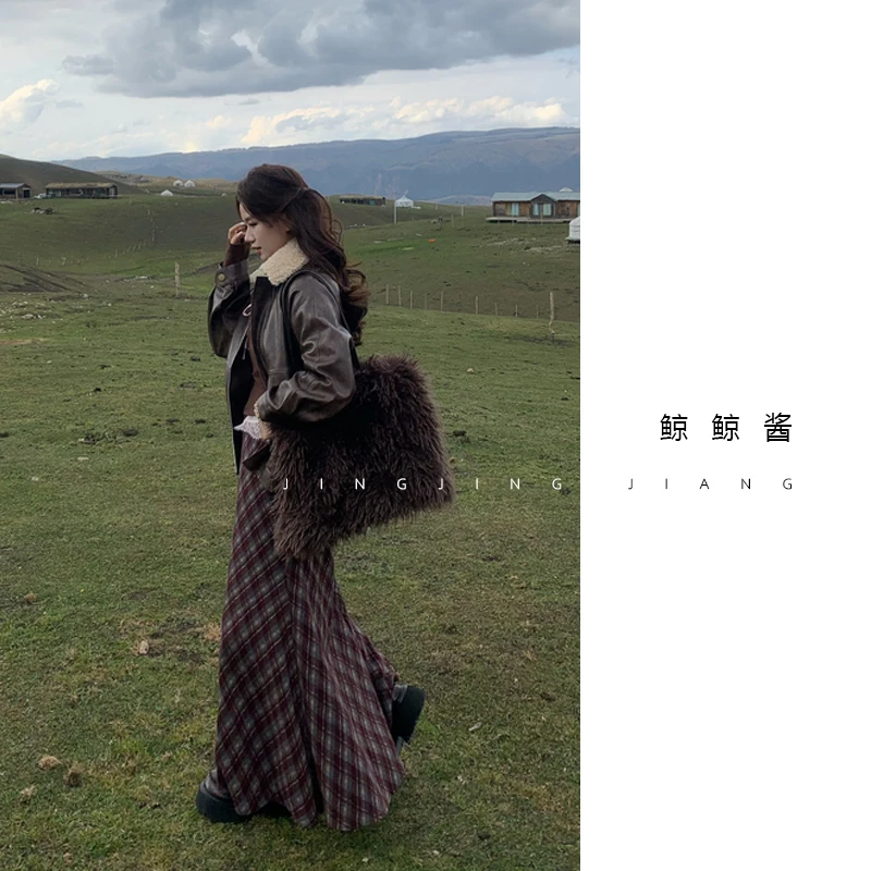 ZOZ鲸鲸酱【北欧格雷系】格子直筒裙2025新款高腰显瘦百搭中长裙女