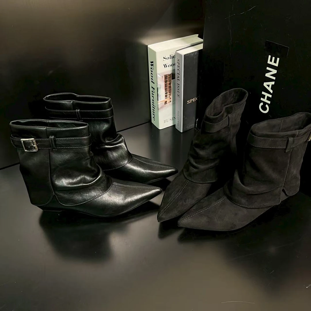 【韩系姐姐】今年流行的短靴女秋季新款尖头洋气裸靴8839-2