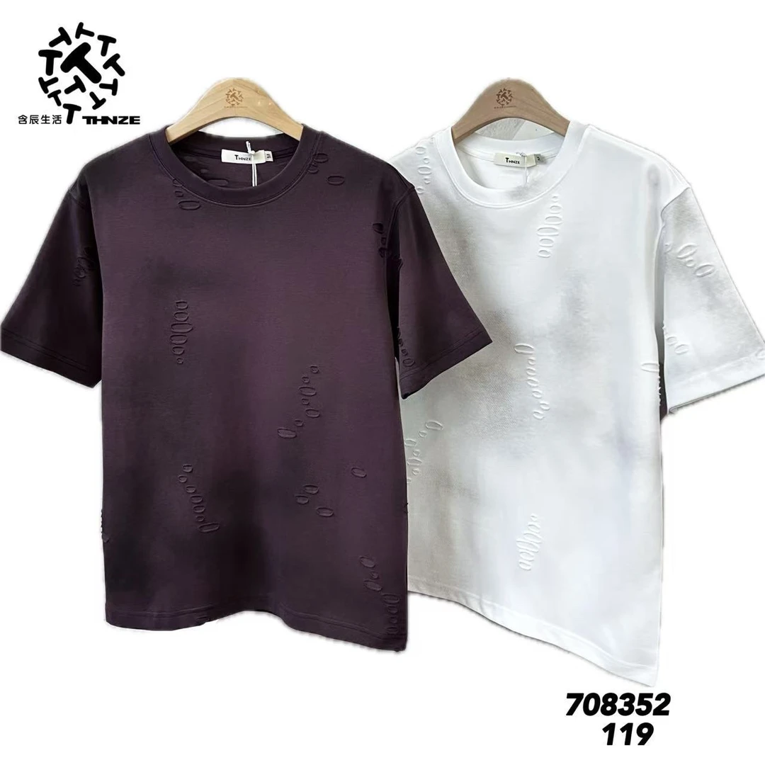 潮流男士破洞修身半袖短袖T恤纯色圆领宽松透气时尚夏季上衣休闲