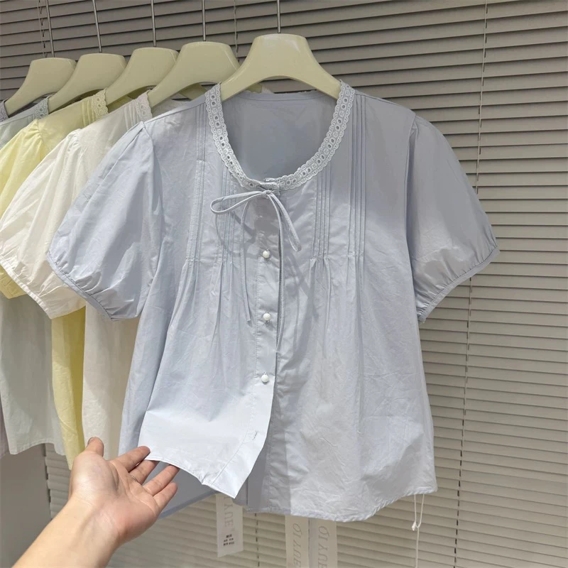 法式设计感蕾丝拼接系带短袖衬衫男女夏季甜美气质减龄泡泡袖上衣