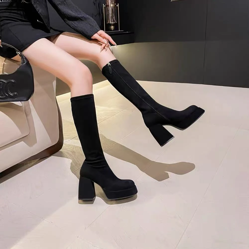 粗跟高跟方头厚底靴长靴弹力靴2024新款欧货女鞋防水台侧拉链