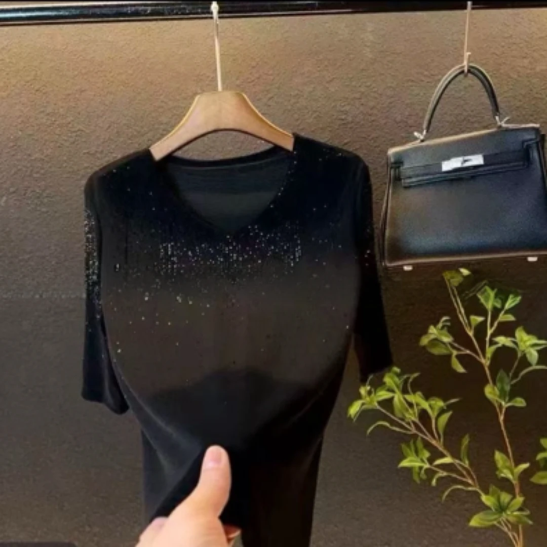 2025年新款烫钻T恤宽松显瘦遮肉时尚百搭圆领重工