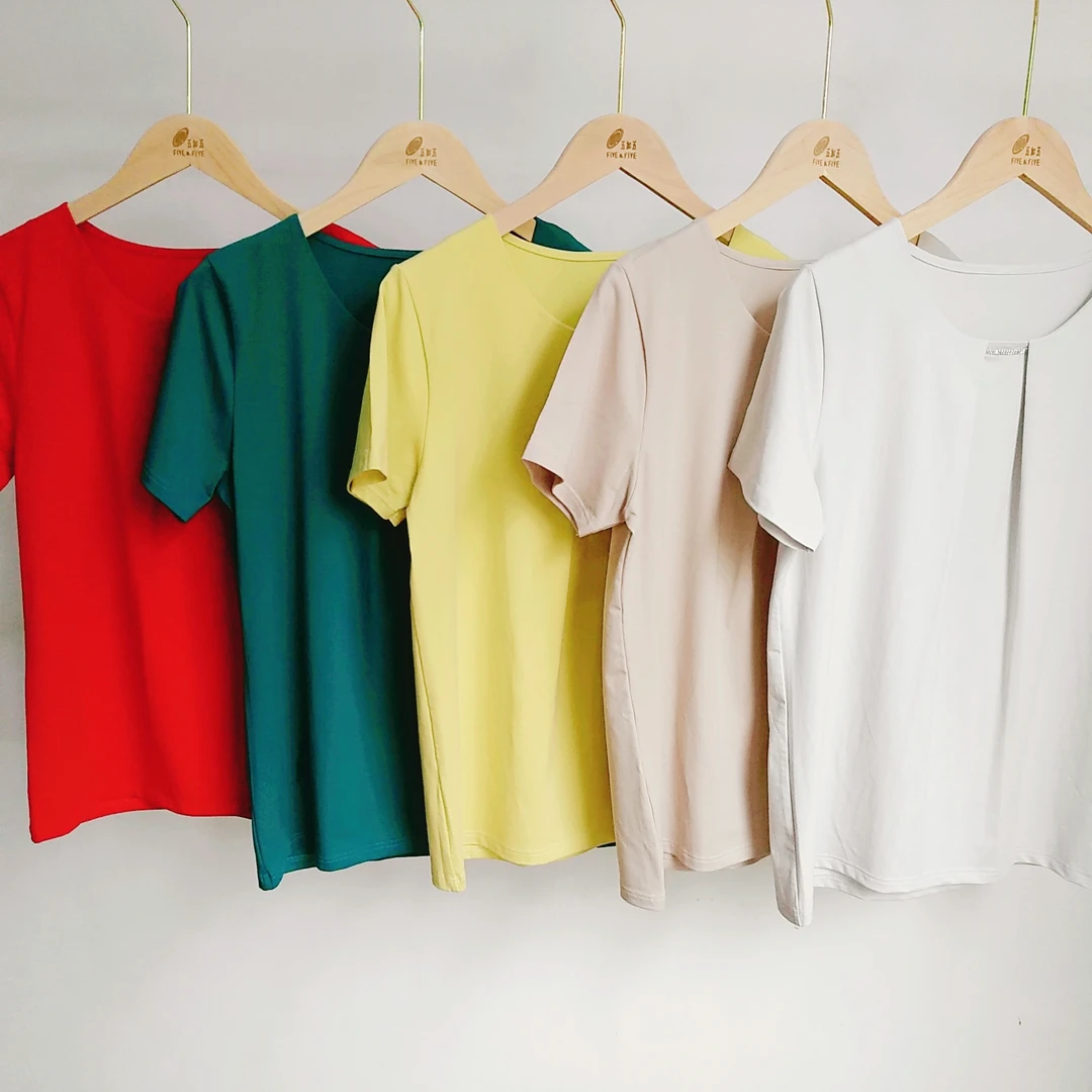 WD018女式丝光棉凉感大圆领收褶手工订钻透气短袖T恤