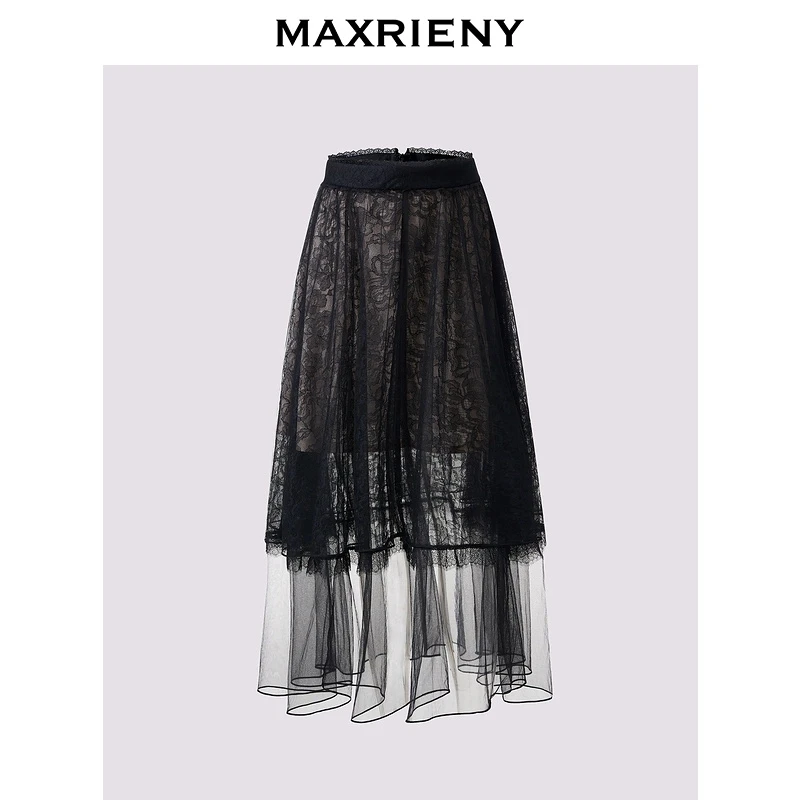 MAXRIENY【商场同款】甜美文艺网纱半裙2025夏季蕾丝绣花高级气质感