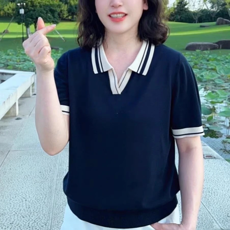 夏季新款女士翻领时尚撞色短袖T恤妈妈装宽松休闲百搭显瘦上衣