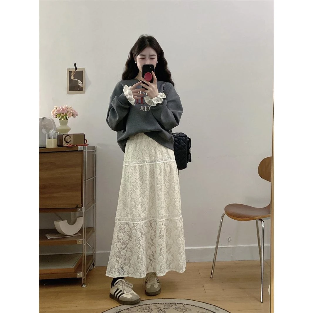 【三分恬】韩温柔风百搭蕾丝半裙新宽松女松紧腰显瘦高气质