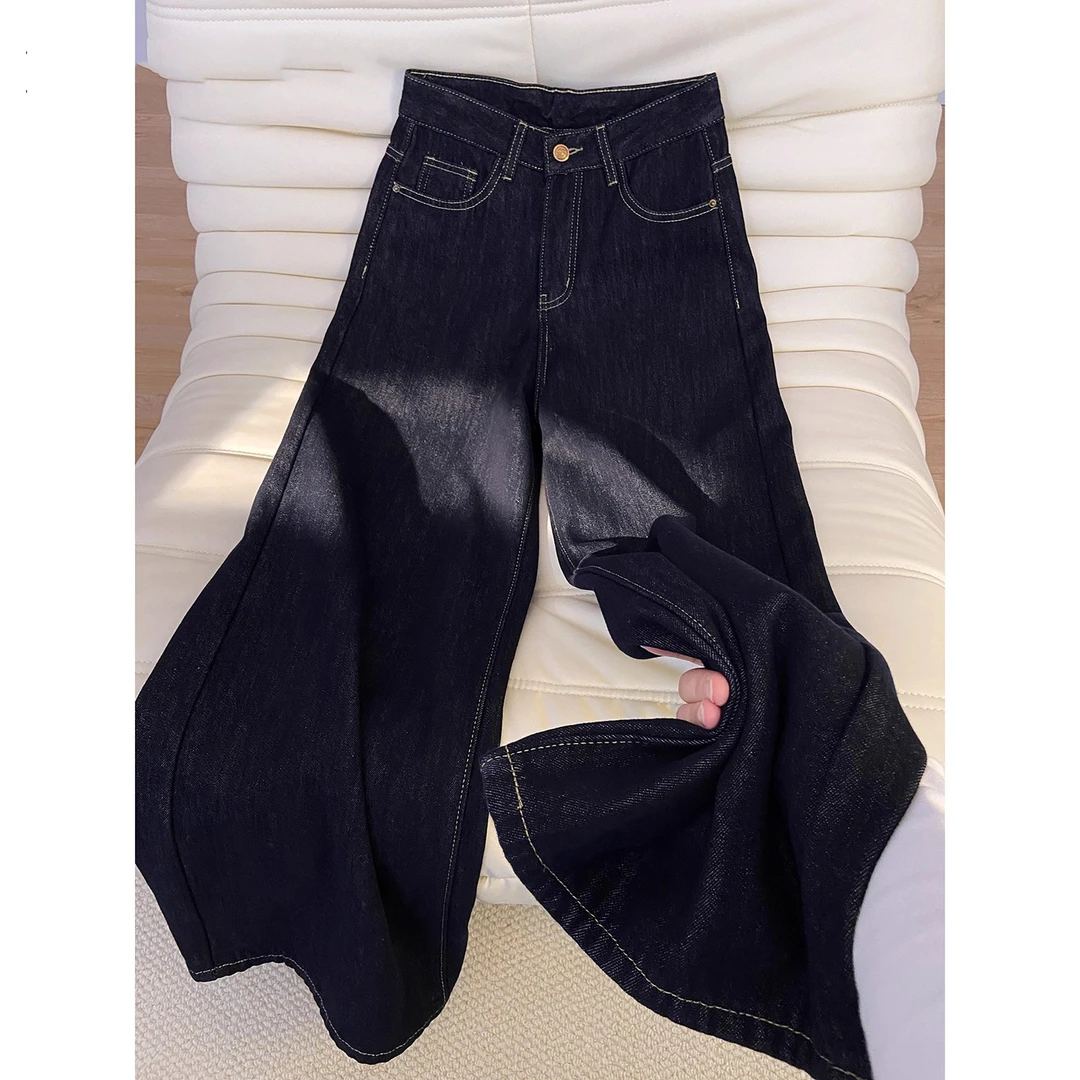 深色复古百搭加绒加厚阔腿牛仔裤女秋冬2025新款小个子垂感拖地裤