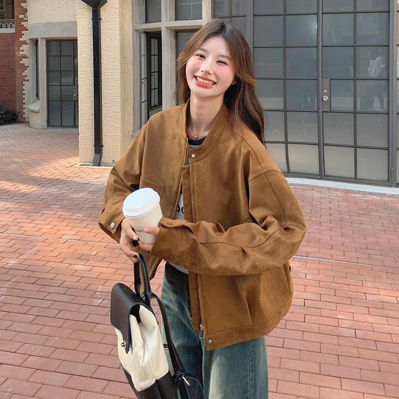 美拉德咖色短款夹克外套女春秋新款小个子宽松休闲百搭立领上衣