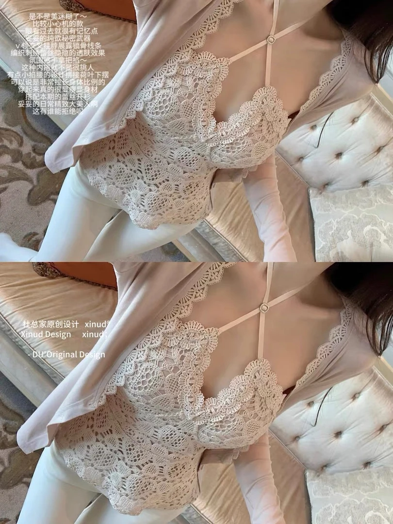 JUJU玫瑰吻痕*原创钻扣设计纯欲千金风挂脖修身内搭吊带套装女