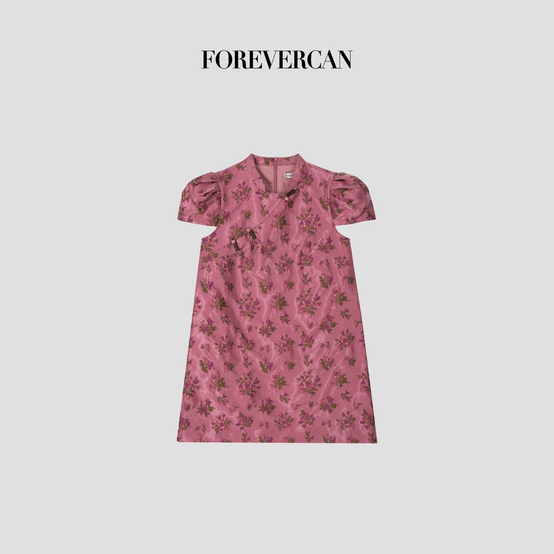 FOREVERCAN“碧筳”新中式国风泡泡袖斜襟连衣裙 SD21532