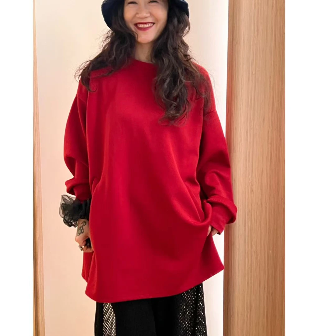 9968你很红太空棉卫衣红色宽松圆领时尚百搭休闲长袖