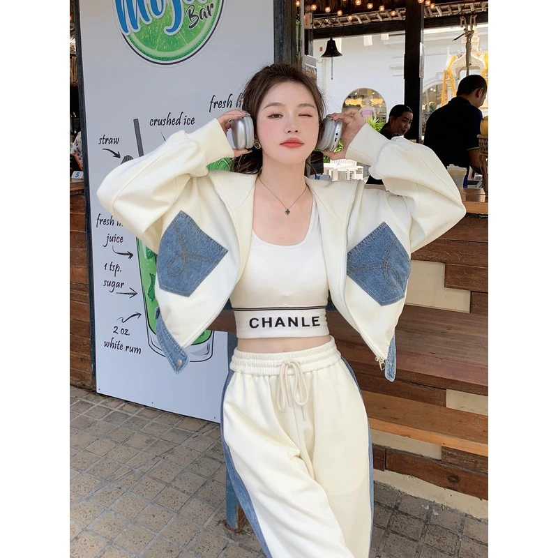 牛仔拼接休闲卫衣运动套装女秋冬2025新款减龄慵懒风阔腿裤两件套