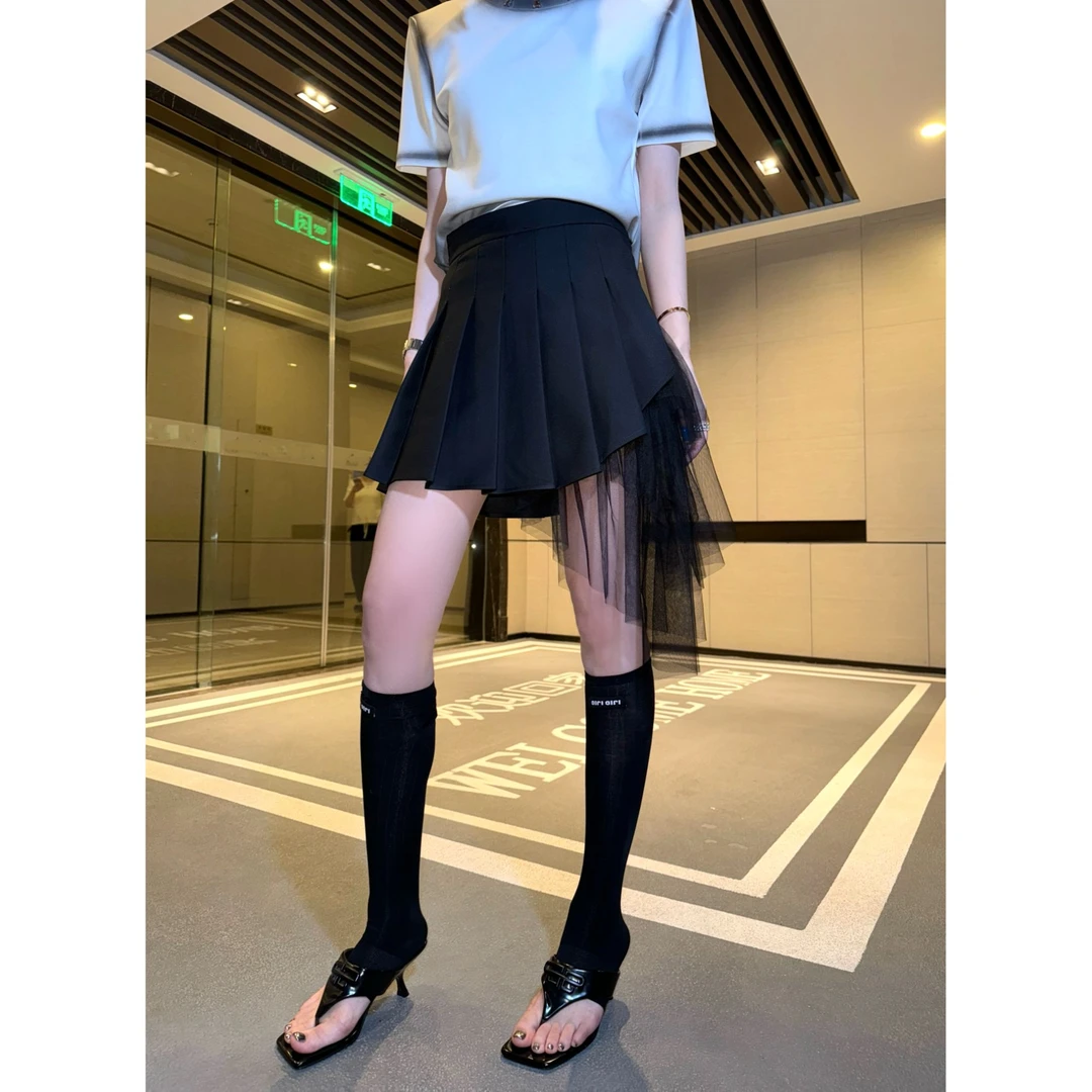 邓蕾婷【落日森林】夏季新款高腰百褶网纱拼接小众设计款洋气短裙