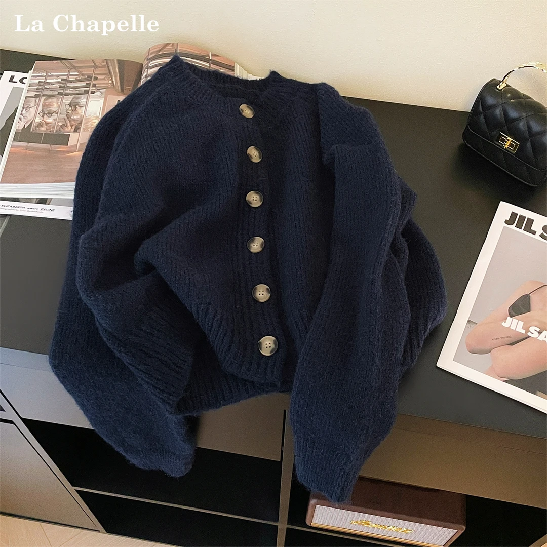 拉夏贝尔2025秋冬季复古纯色软糯开衫针织上衣女圆领宽松加厚毛衣