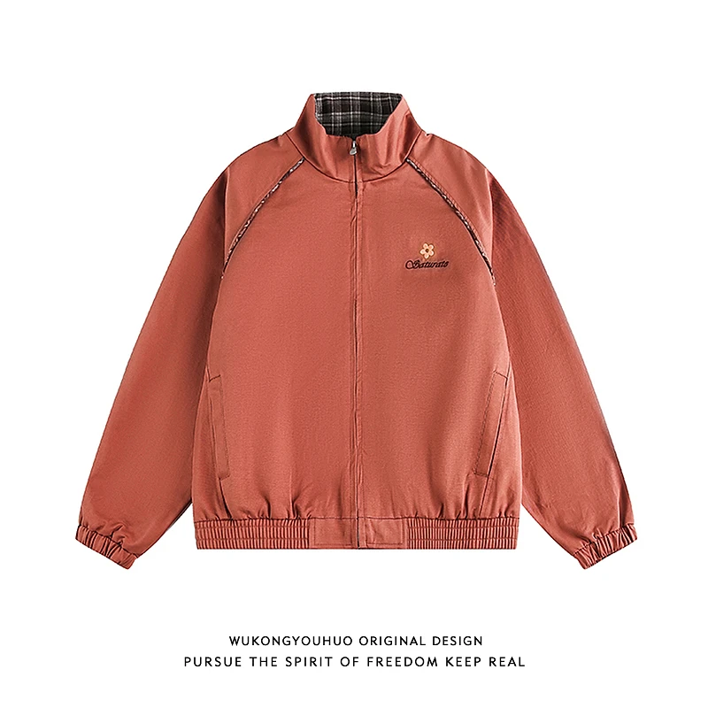 悟空有货秋季潮牌小花刺绣立领夹克男女美式短款格纹帆布工装外套