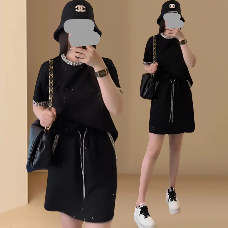 欧货高奢重工满天星宽松2025夏季短袖T恤短裤时尚气质减龄两件套