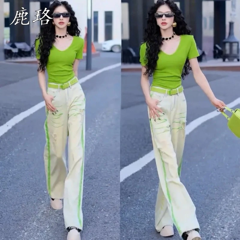 夏季气质高腰短款T恤显瘦时尚蓝色拼接绿色涂鸦破洞直筒女牛仔裤