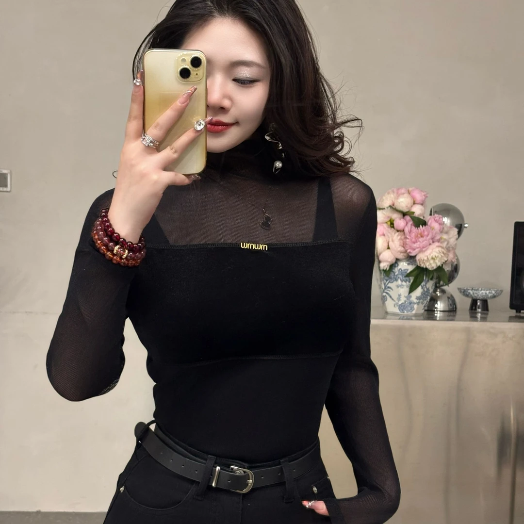 1048【暗夜绒语】半高领网纱拼接长袖女装春季修身显瘦 打底衫 上衣