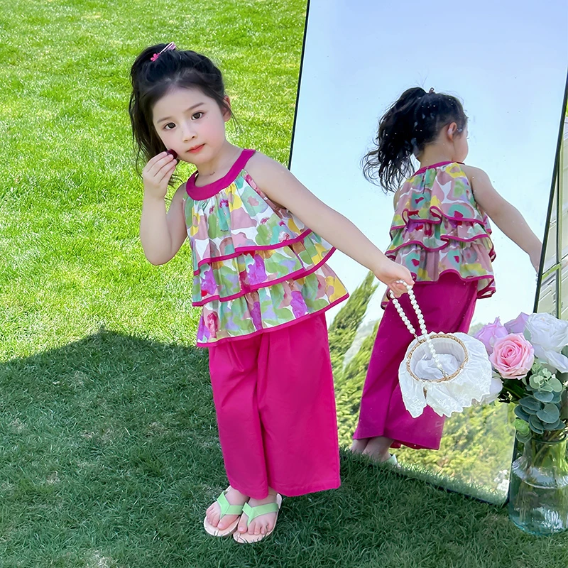 女童挂脖碎花套装洋气儿童夏季新款女宝宝阔腿裤两件套小女孩时髦