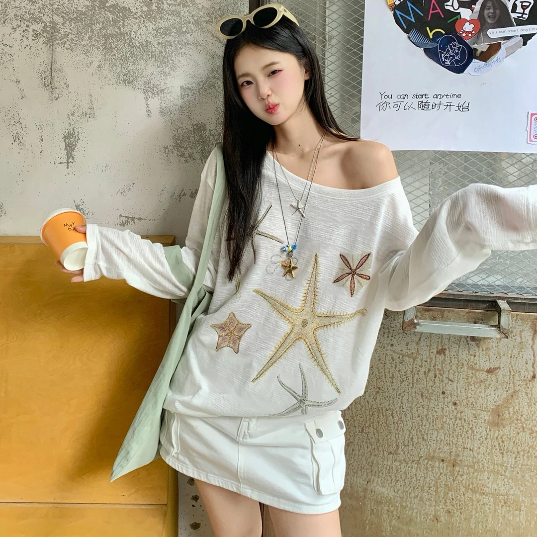 幸运海星烫钻印花长袖T恤女夏季新款宽松慵懒风海边罩衫防晒上衣