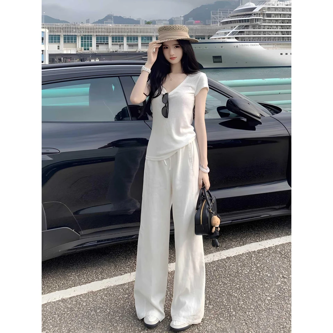 2025新款夏季套装女韩系高级感运动休闲减龄短袖阔腿裤两件套女装