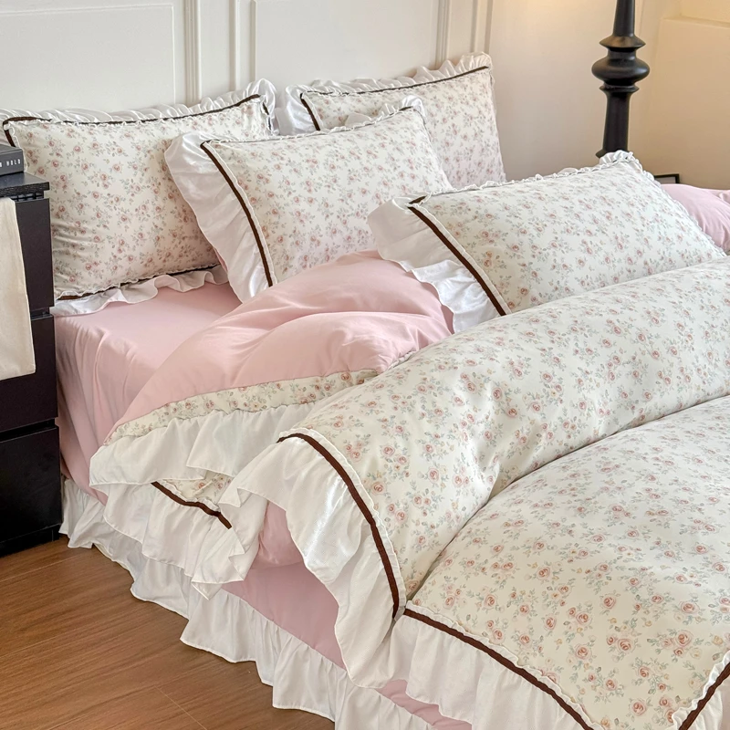 2025碎花新款韩版印亲肤棉四件套学生通用四件套纯色花边少女心