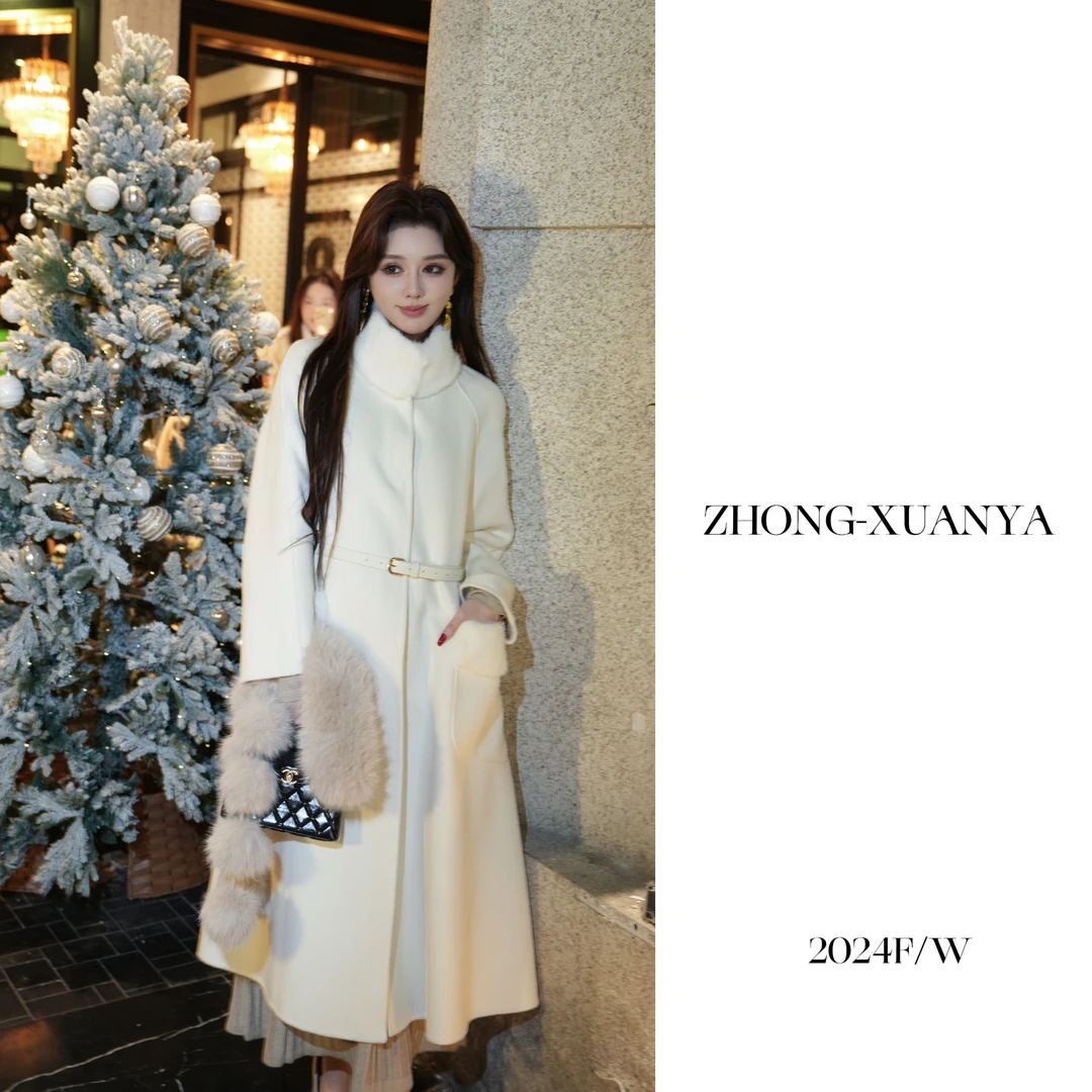 秀场款长款100%兔绒冬季毛呢大衣外套进口水貂毛领-2506