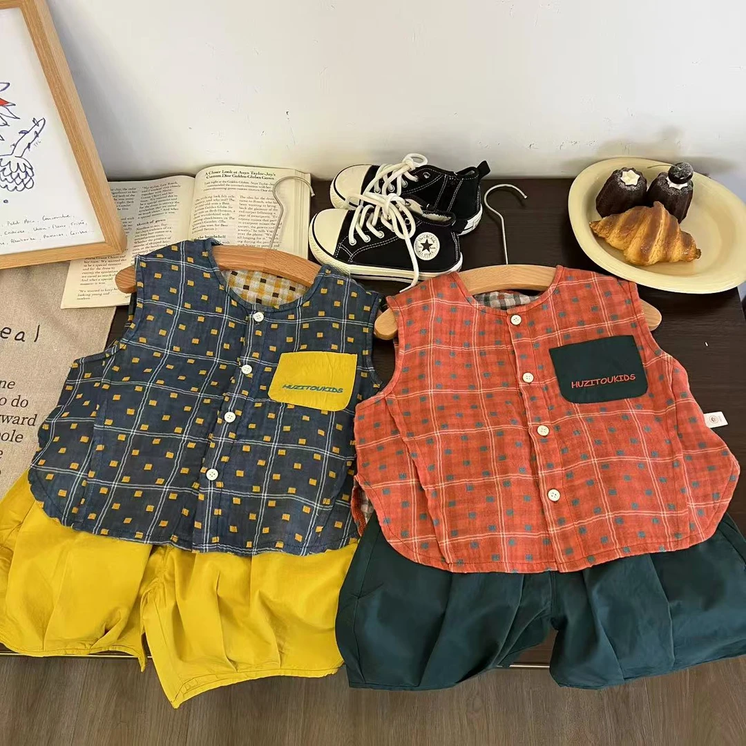 儿童夏季刺绣字母小方格无袖套装H2198