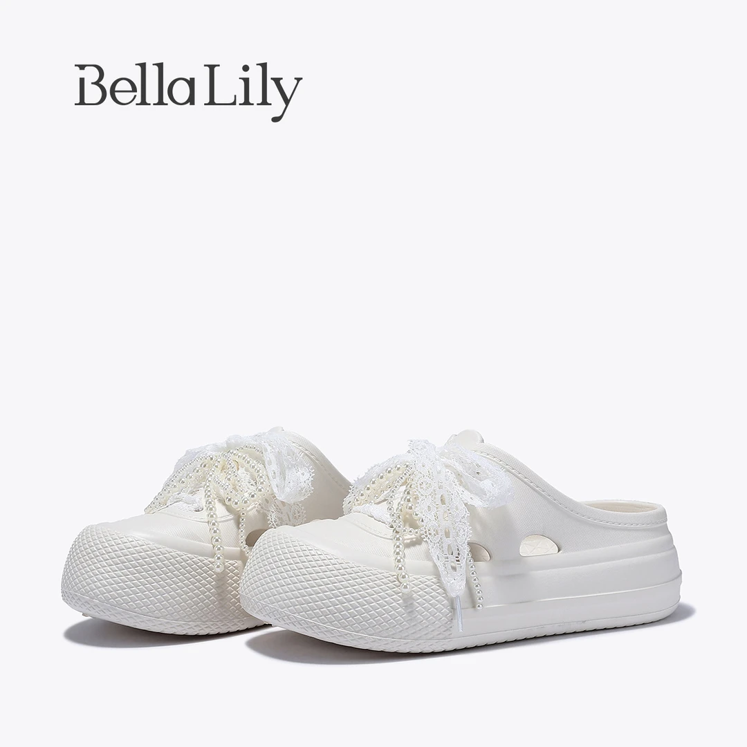 BellaLily2025春夏新款精致外穿包头拖鞋珍珠厚底一脚蹬休闲女鞋