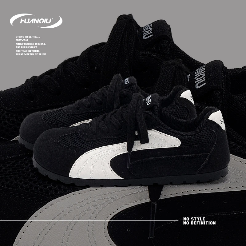 HUANQIU/环球黑色德训鞋女2025夏季新款透气平底百搭学生休闲鞋女