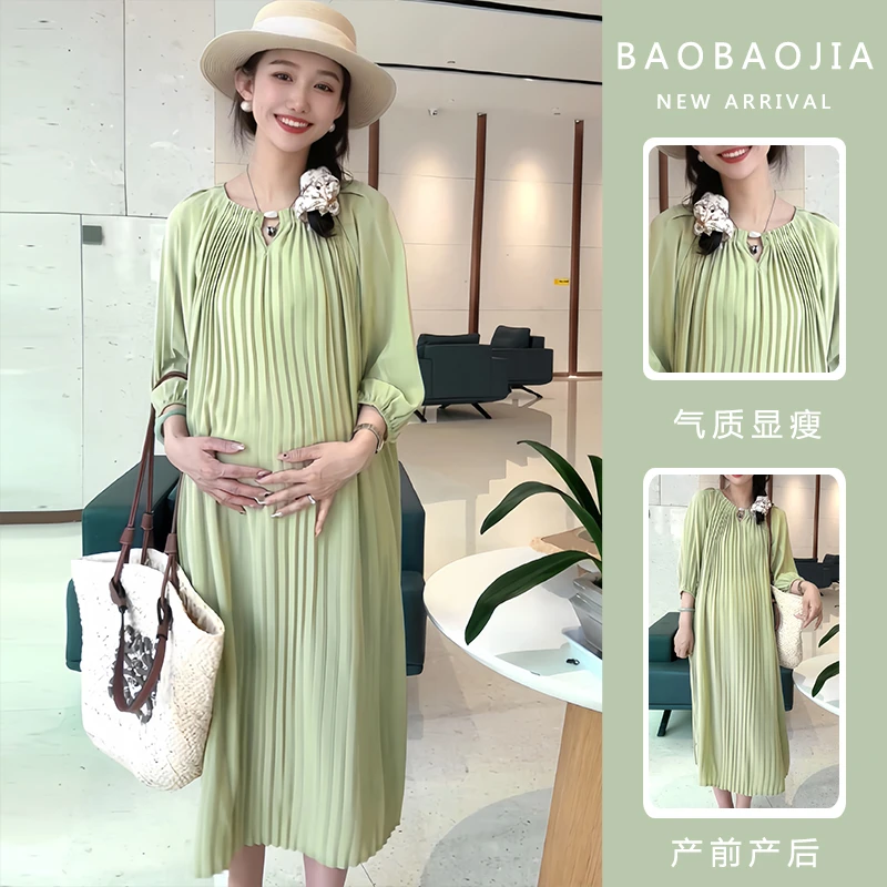韩版显瘦洋气孕妇装2025春显瘦遮肉仙女裙春压褶气质孕妇连衣裙