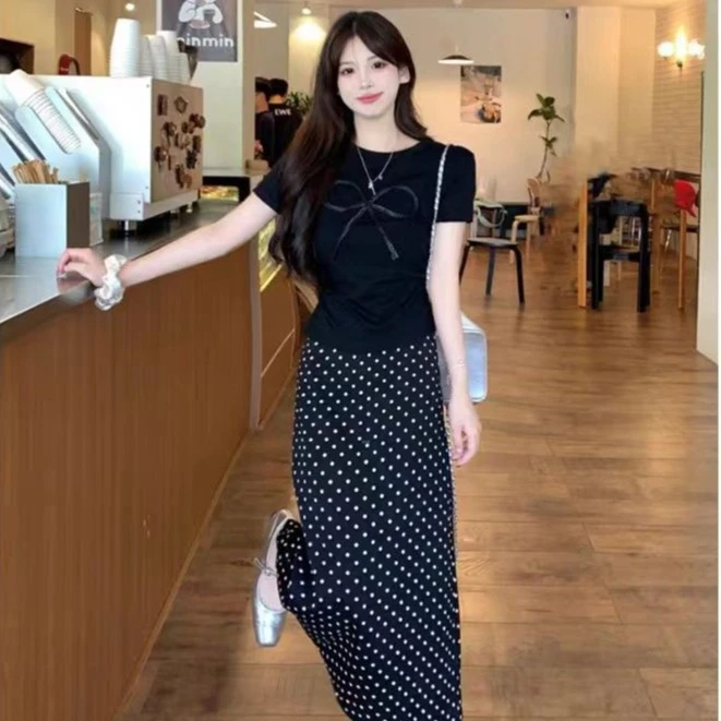 夏装搭配一整套时尚蝴蝶结t恤上衣波点半身裙显瘦减龄套装女1795