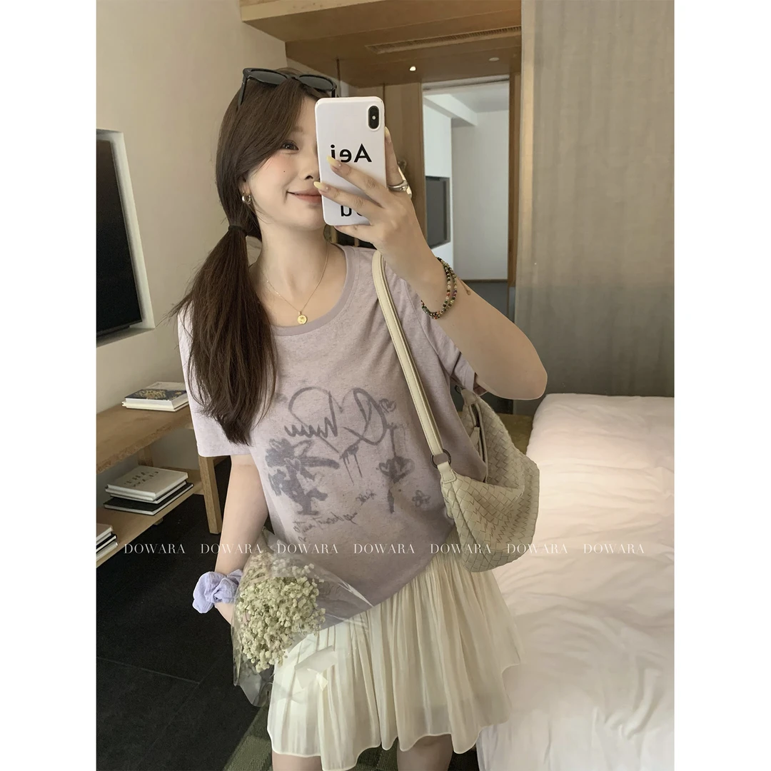 现货大婉酱微胖定制【涂鸦T】雪花棉短袖T恤夏季显瘦休闲上衣 9784D